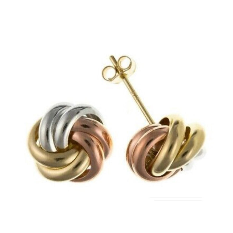 Three Colour Gold Knot Stud Earrings Solid Yellow Rose and White Gold 8mm Studs