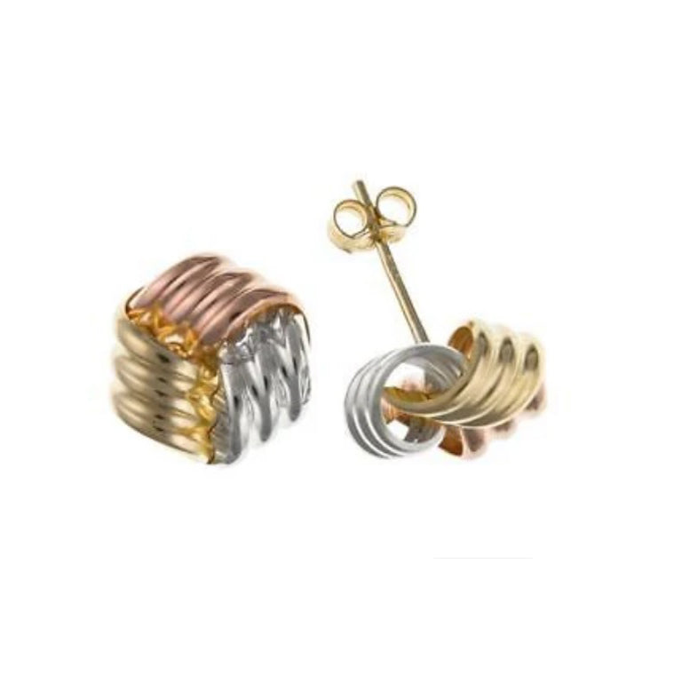 Multi Tone Gold Knot Stud Earrings 9mm Solid 9 Carat Yellow Rose White Gold