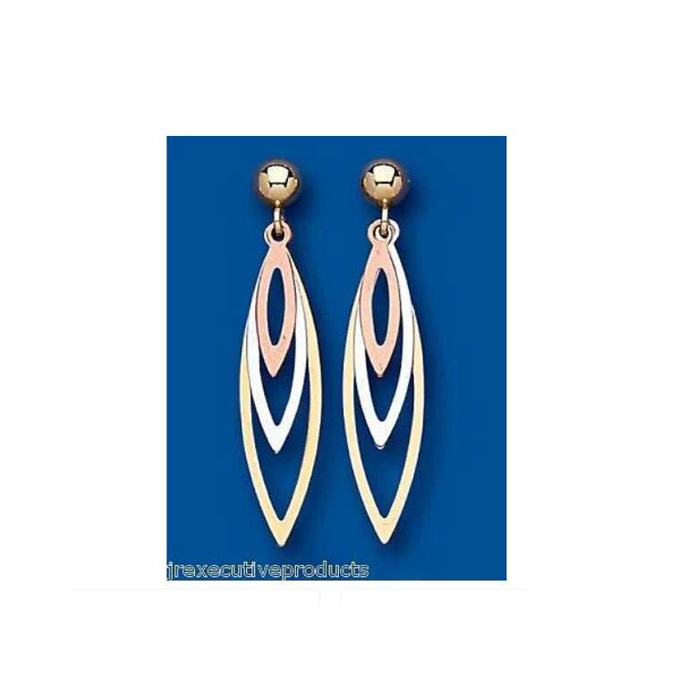 Three Colour Leaf Drop Earrings 9ct Yellow White and Rose Gold Drops Hallmarked