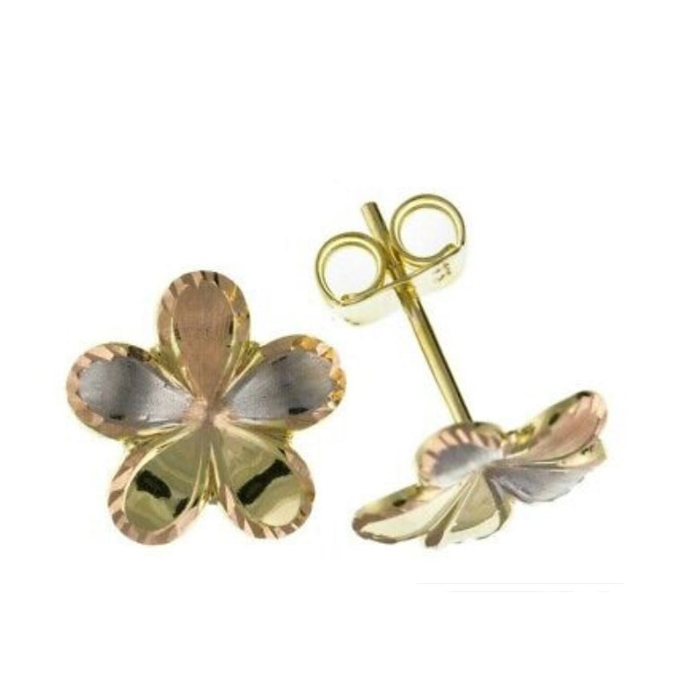 9ct Three Colour Flower Stud Earrings Solid Rose White Yellow Gold British Made