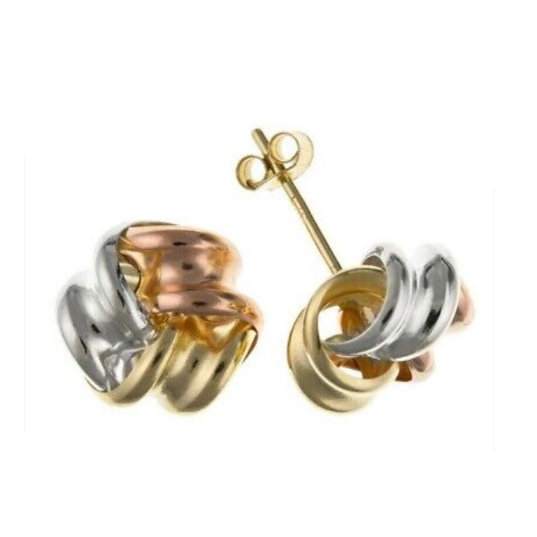 9ct Three Colour Knot Stud Earrings Solid Yellow White Rose Gold 7mm Studs