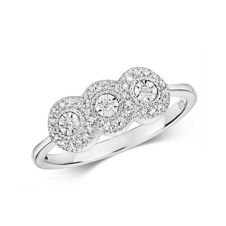 Real Diamond Ring Three Stone Cluster Engagement Solid White Gold