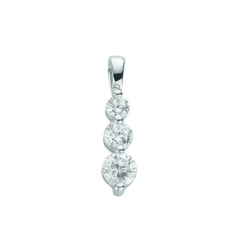 Three Stone Trilogy Pendant Solid Sterling Silver Rhodium Plated Necklace