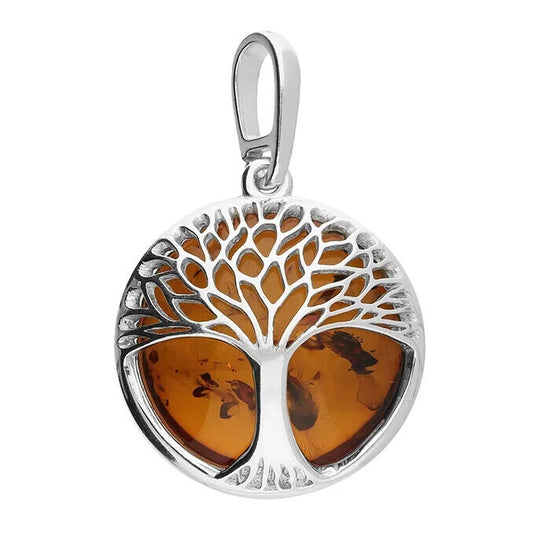 Tree of life necklace solid silver pendant with amber stone cutout design by J R Jewellery