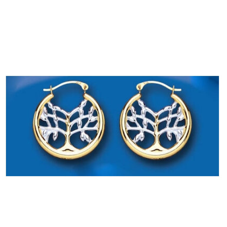 Tree of Life Hoop Earrings Two Colour White and Yellow Gold Hoops 20mm