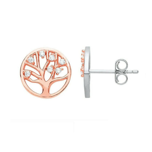 Tree of Life Earrings Sterling Silver Stud Rose Gold Plated 925 Hallmark