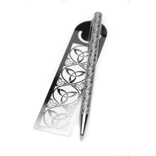 J R Jewellery Trinity bookmark and pen gift with intricate trinity knot design in silver tone