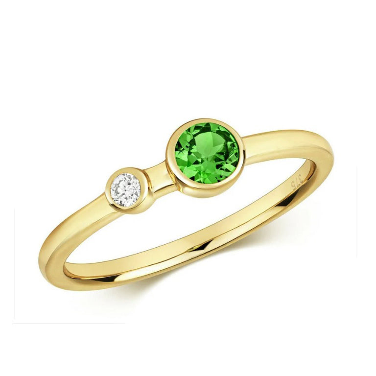 Real Tsavorite and Diamond Ring Solid Yellow Gold Solitaire Band Size J - Q