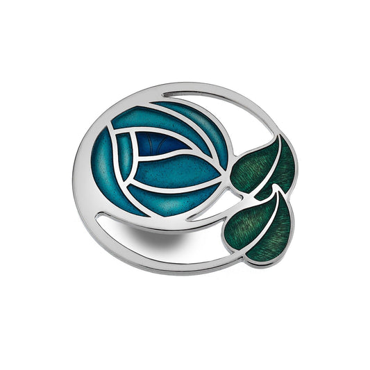 J R Jewellery turquoise Mackintosh rose brooch with blue and green enamel details in silver setting