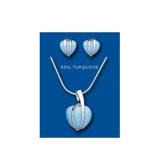 Turquoise Heart Pendant and Earrings Set Solid Sterling Silver