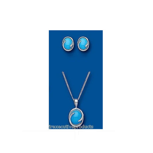 Turquoise Ovals Pendant and Earrings Set Solid Silver