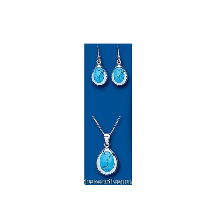 Turquoise Set Solid Sterling Silver Pendant and Drop Earrings Natural Stone