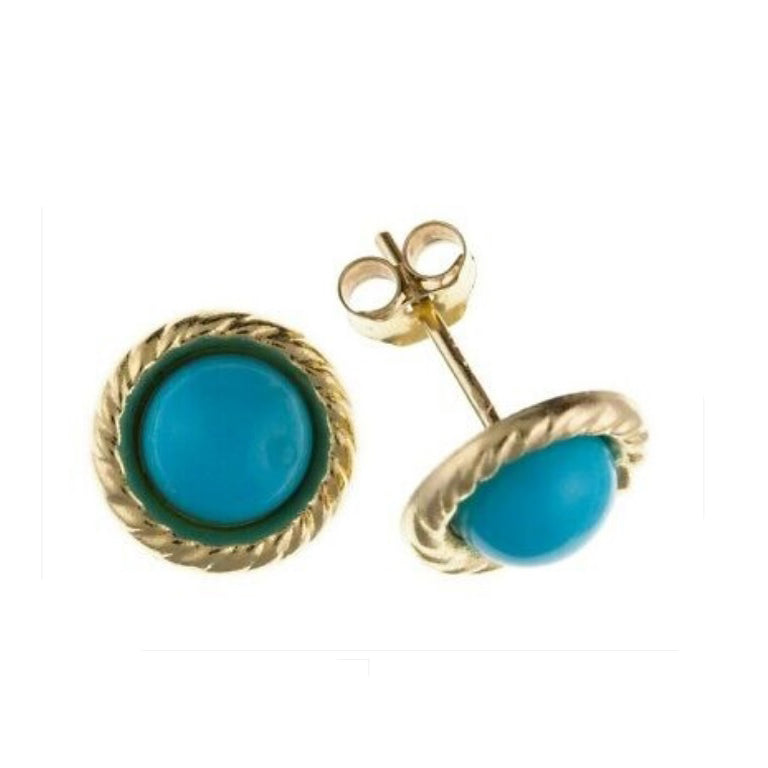 Real Turquoise Solitaire Stud Earrings 9ct Yellow Gold Round Studs