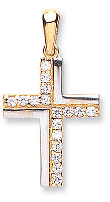 J R Jewellery elegant two tone gold cross pendant with sparkling white stones