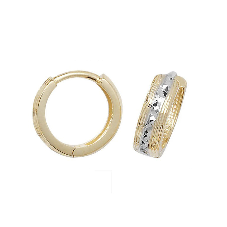 Two Colour Gold Huggie Earrings Diamond Cut Hoop 13mm British made 9ct Hallmark