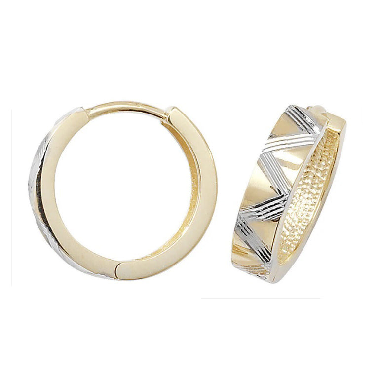 Two Colour Gold Huggie Earrings Diamond Cut Hoop 16mm British made 9ct Hallmark
