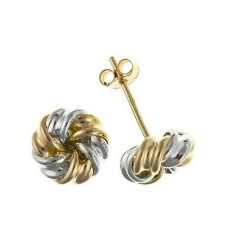 9ct Two Colour Knot Stud Earrings Solid Yellow and White Gold 7mm Studs British