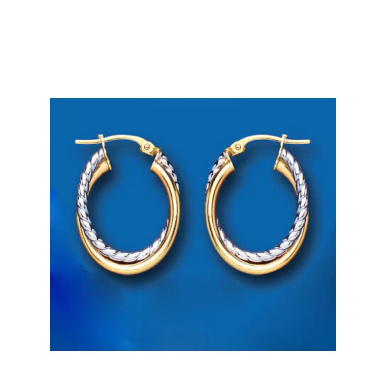 Oval Creole Hoop Earrings Two Colour White and Yellow Gold Hoops 15 x 24mm