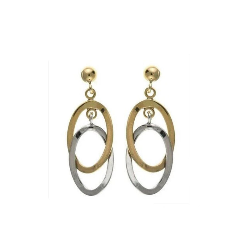 Two Colour Double Oval Drop Earrings 9ct Yellow and White Gold Drops Hallmarked