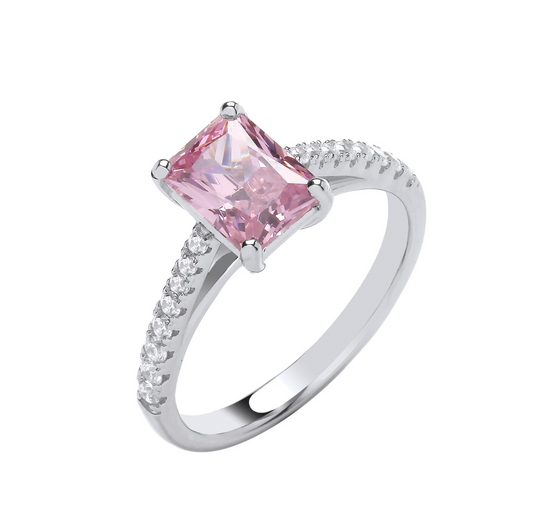 J R Jewellery sterling silver pink solitaire ring with rectangular pink centre stone and pave CZ band