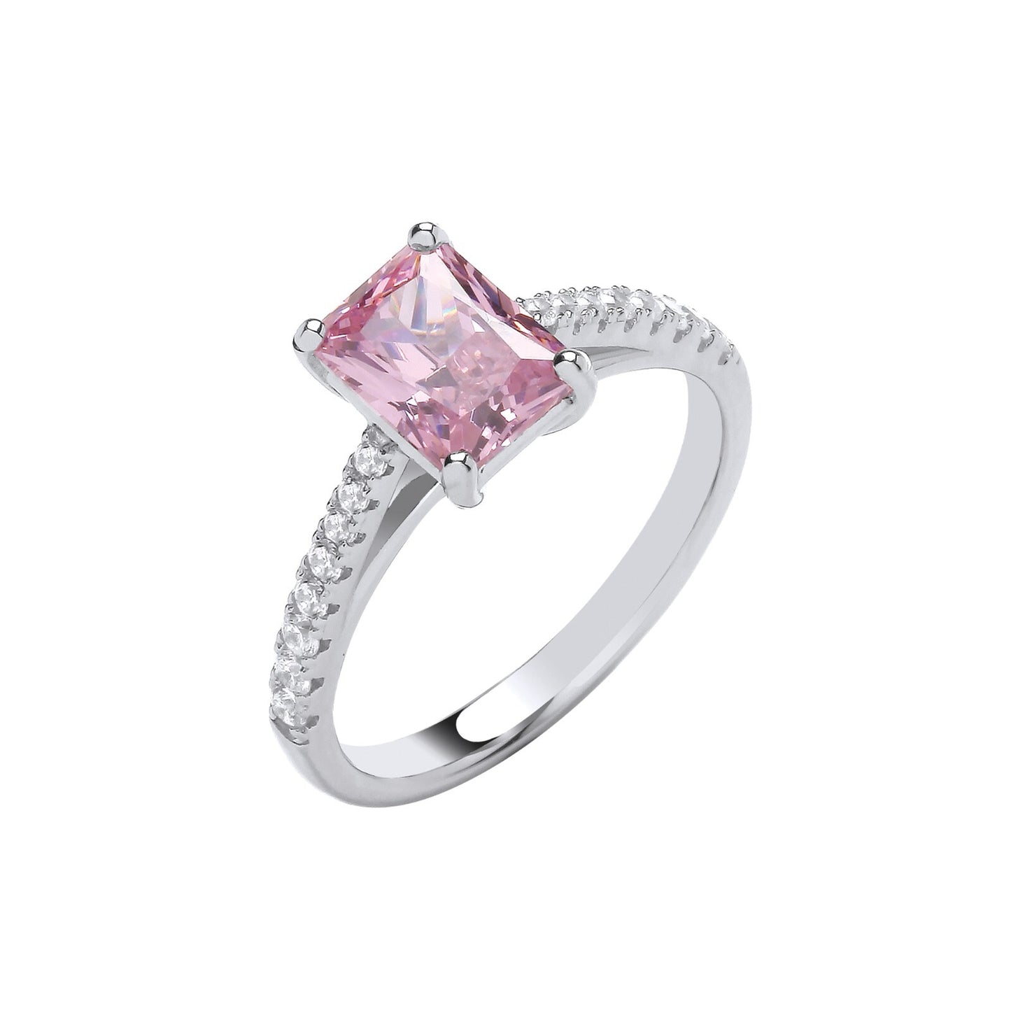 J R Jewellery sterling silver pink solitaire ring with rectangular pink stone and pave diamond band