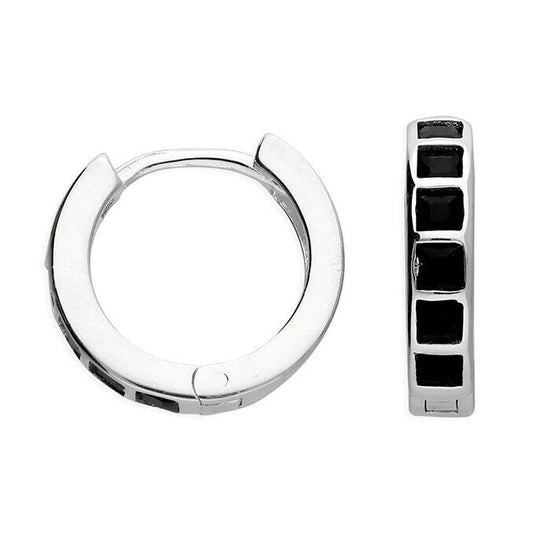 J R Jewellery men's black huggie hoop earring in stainless steel with square black stone insets