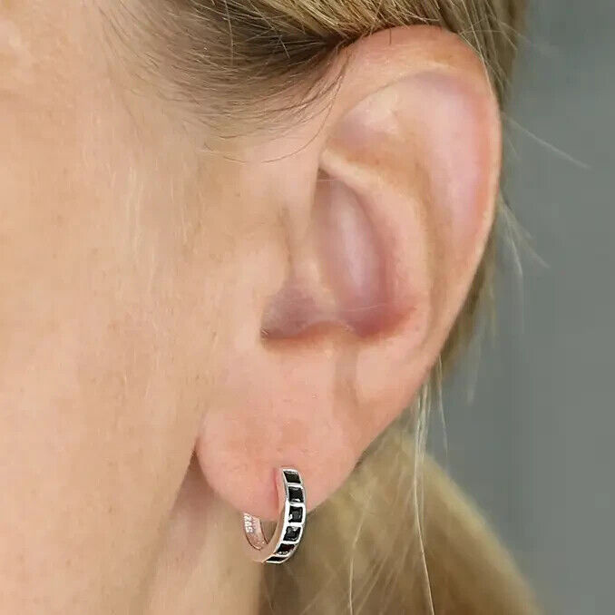 J R Jewellery men's black huggie hoop earring silver hoop with black stone insets close fitting on ear