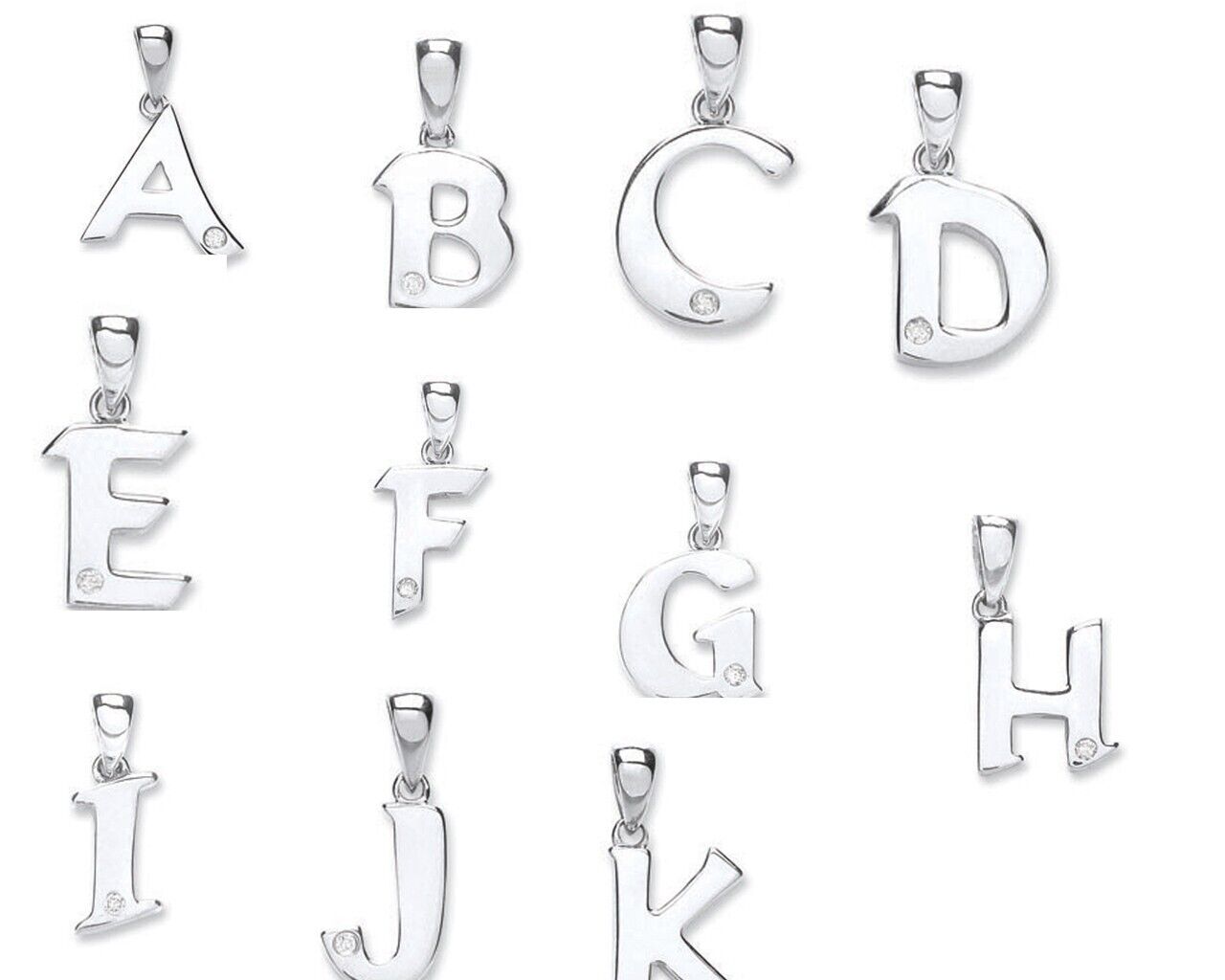 Collection of 9ct white gold diamond initial pendant charms from A to K with a single small diamond on each letter