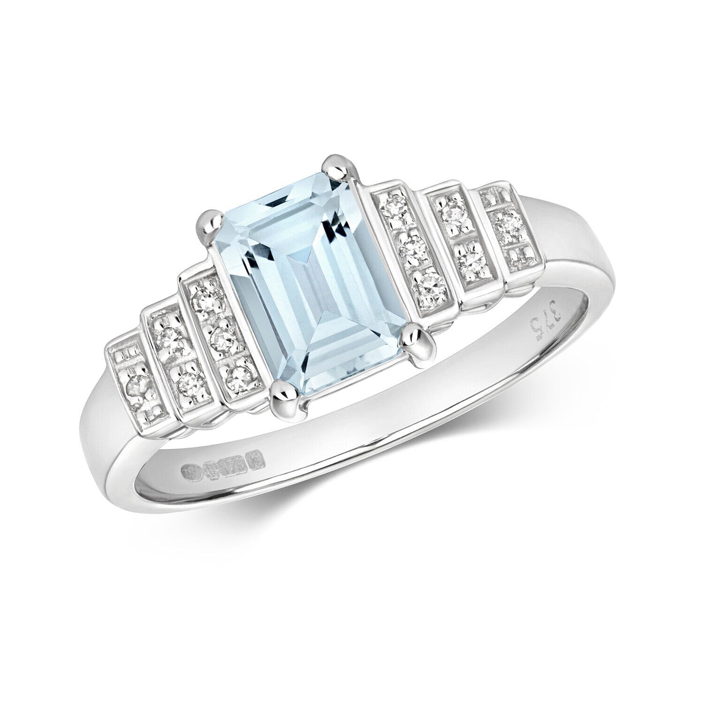 Elegant aquamarine and diamond engagement ring with emerald cut centre stone and sterling silver band