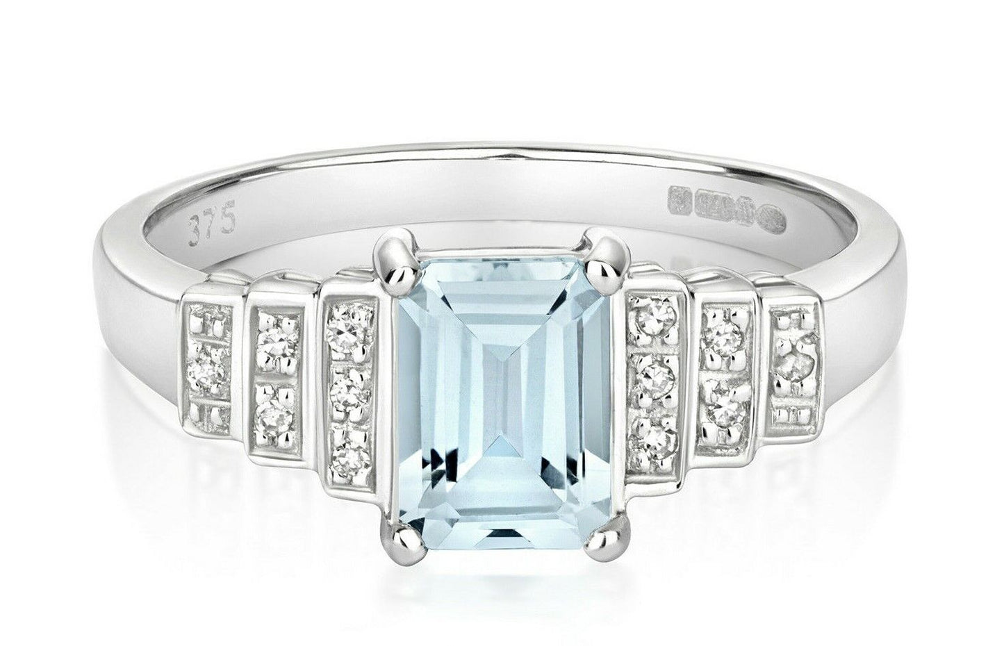 J R Jewellery aquamarine and diamond engagement ring with emerald cut centre stone and diamond accents