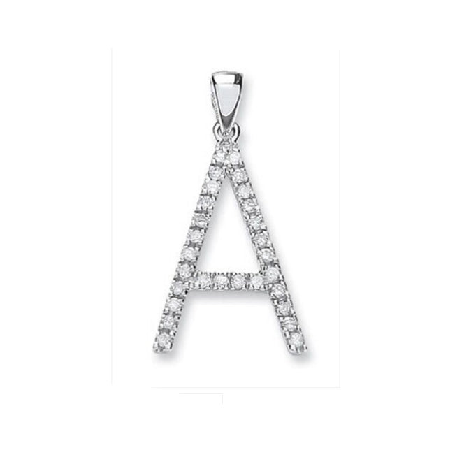 Diamond initial pendant letter A with sparkling stones on silver setting by J R Jewellery