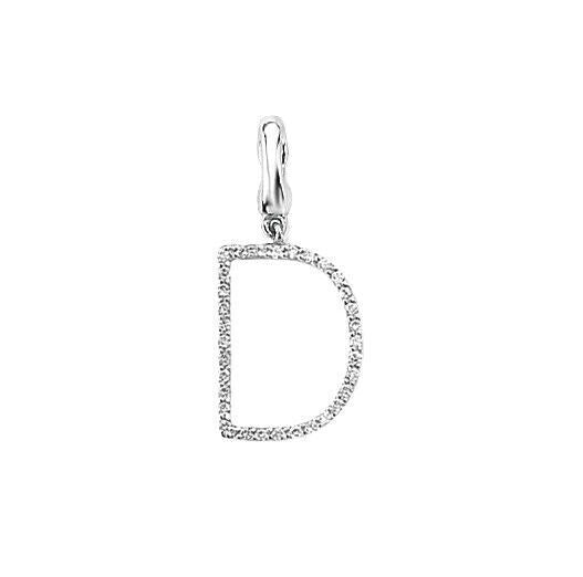 J R Jewellery diamond initial pendant shaped as the letter D with sparkling stones on a silver setting