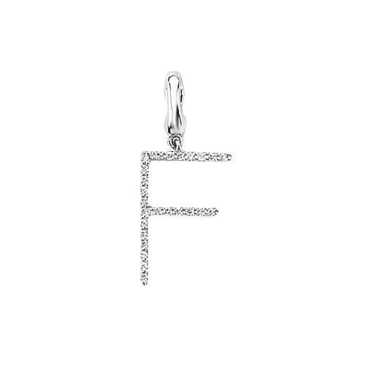 J R Jewellery diamond initial pendant in letter F with sparkling diamonds on silver setting