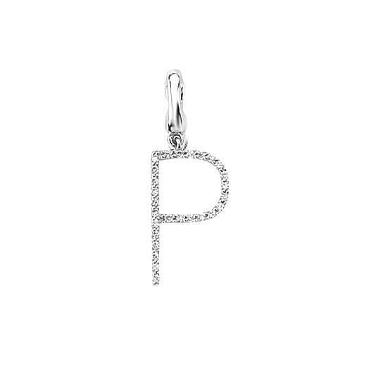 J R Jewellery diamond initial pendant featuring the letter P in silver with sparkling diamonds