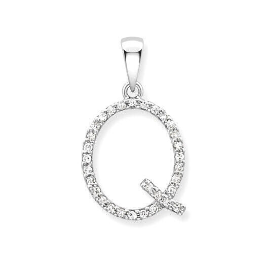 J R Jewellery diamond initial pendant in letter Q design with sparkling stones on silver setting