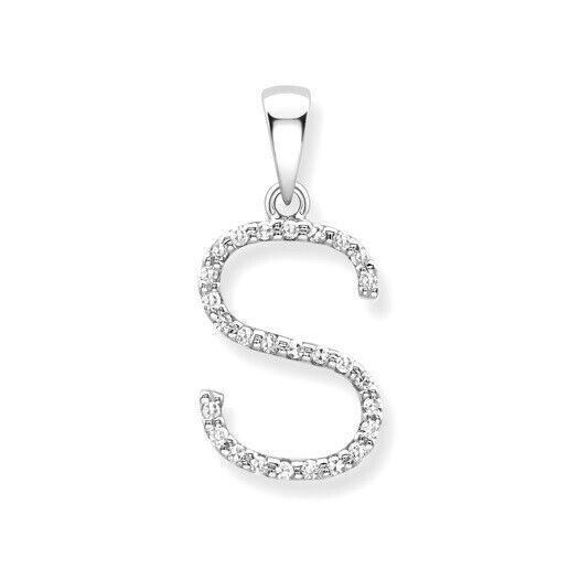J R Jewellery diamond initial pendant in silver featuring letter S with sparkling diamonds