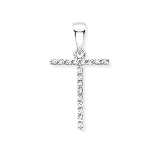 J R Jewellery diamond initial pendant in letter T design with sparkling stones on silver metal