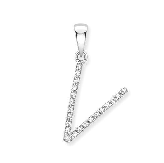 J R Jewellery diamond initial pendant shaped as letter V with sparkling stones on silver setting