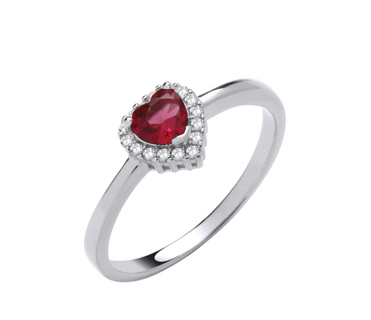J R Jewellery sterling silver ruby heart ring with surrounding clear stones on band