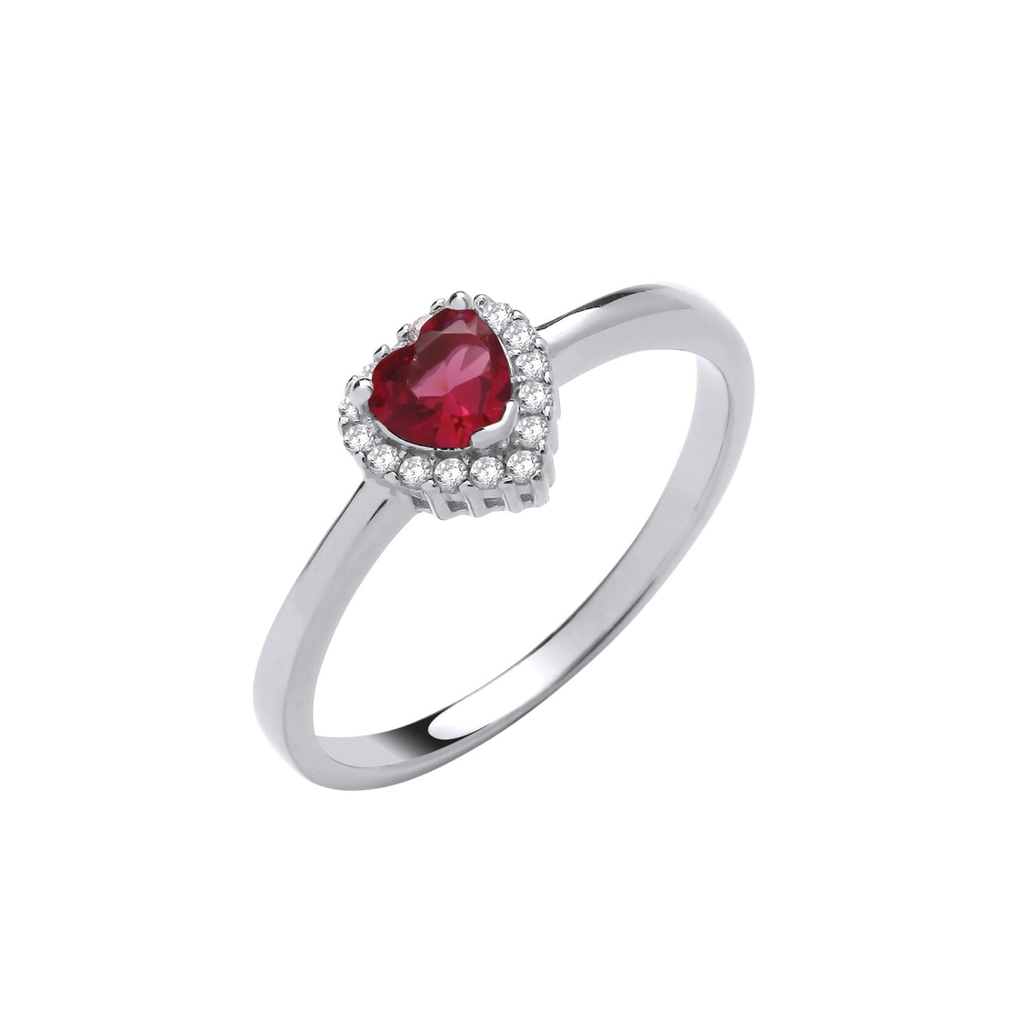 Sterling silver ruby heart ring with a red heart-shaped ruby surrounded by small clear stones