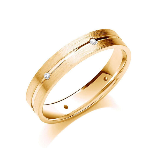 Yellow gold diamond wedding band with two small diamonds and brushed finish by J R Jewellery
