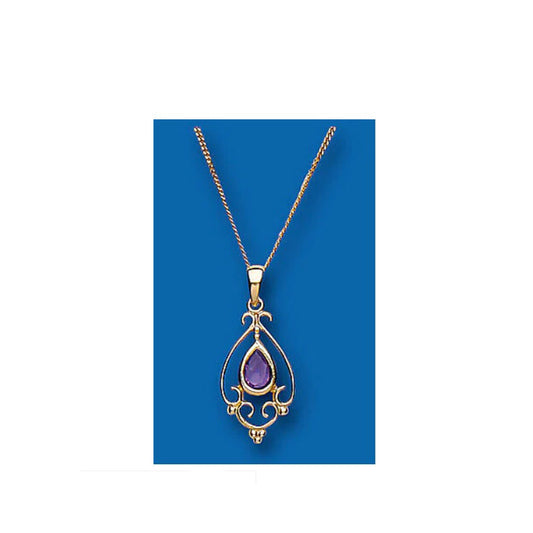 Victorian Design Amethyst Pendant Yellow Gold Hallmarked 18" Chain British Made