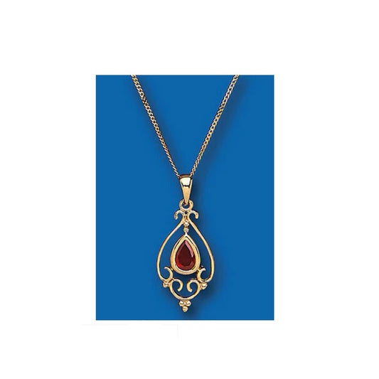 Victorian Design Garnet Pendant Yellow Gold Hallmarked 18" Chain British Made