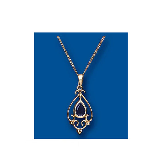Victorian Design Sapphire Pendant Yellow Gold 18" Chain Hallmarked British Made