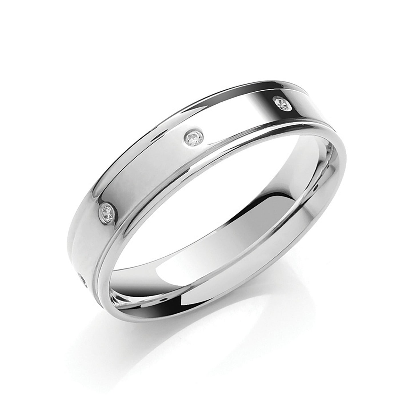 J R Jewellery white gold diamond wedding band with polished finish and embedded diamonds