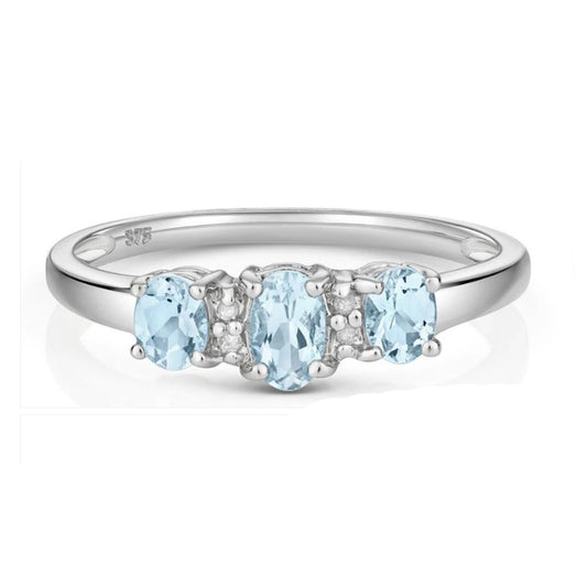 Real Aquamarine and Diamond Ring Solid 9ct White Gold Size J - Q
