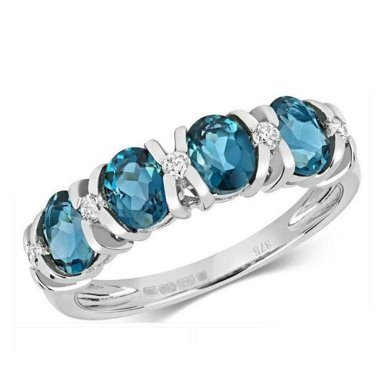 Real London Blue Topaz and Diamond Eternity Ring Solid White Gold Band