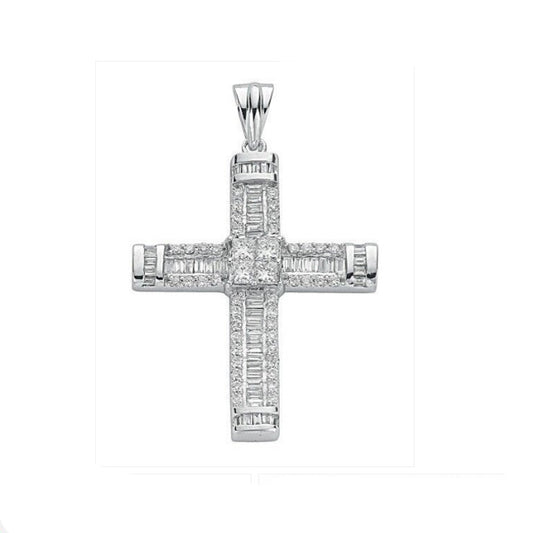 18ct White Gold 1.52ct Brilliant, Princess & Baguette Diamond Cross Pendant