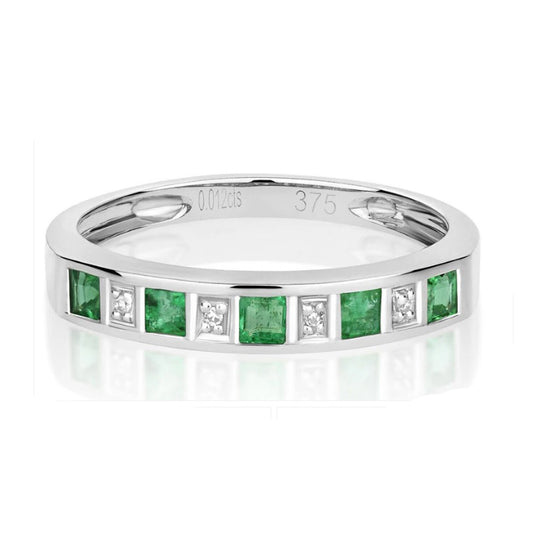 Real Emerald and Diamond Eternity Ring Solid White Gold Square Anniversary Band