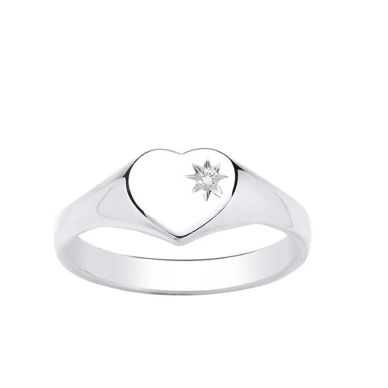 Heart Diamond Signet Ring Solid Sterling Silver Ladies